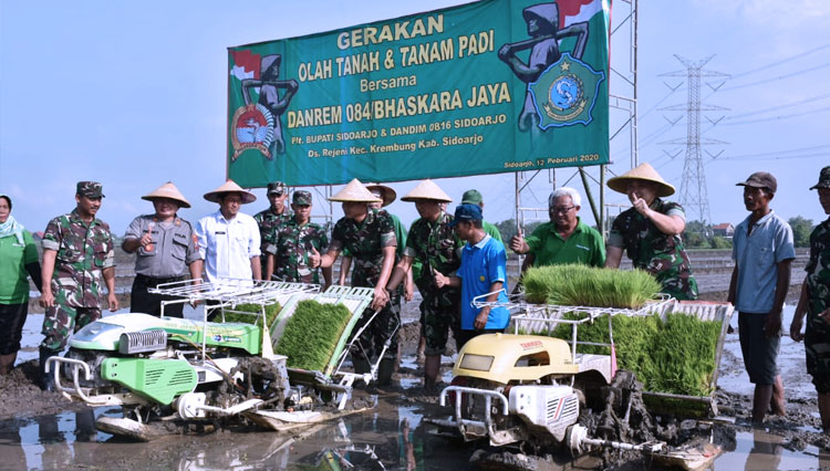 Danrem Bhaskara Jaya bersama Pemda Sidoarjo membuka gerakan olah tanah dan padi di Dusun Rejeni, Kecamatan Krembung, Kabupaten Sidoarjo, Jawa Timur, Rabu (12/2/2020). (FOTO: Istimewa) 