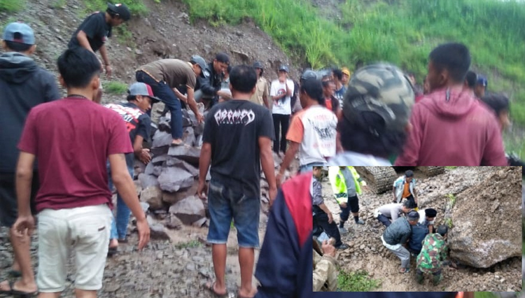 Proses evakuasi korban tertimpa batu besar di Gunung Batu, Kampung Sompok RT 3 / RW 4 Desa Wargaluyu, Kecamatan Arjasari, Kabupaten Bandung, Senin (17/2/20) sore. ist