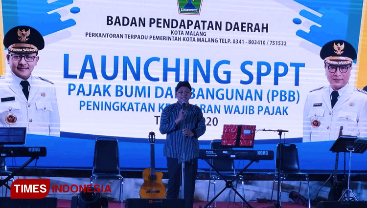 Wali Kota Malang Sutiaji saat sambutan di acara Launching SPPT PBB oleh Bapenda Kota Malang. (Foto: Naufal Ardiansyah/TIMES Indonesia)
