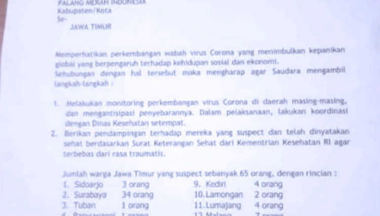 Capture surat edaran PMI Jawa Timur. (FOTO: Istimewa)