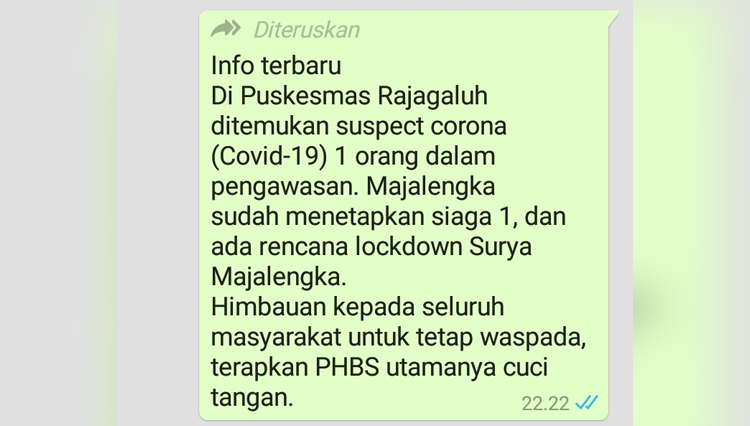 Pesan berantai via WhatsApp Berisi Puskemas Rajagaluh Temukan ODP Virus Corona dan Rencana Lockdown Surya Majalengka. (Foto: Screenshot WhatsApp)