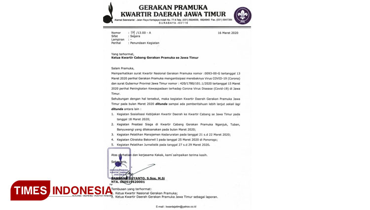 Screenshoot Surat edaran resmi Kwartir Daerah Gerakan Pramuka Jawa Timur