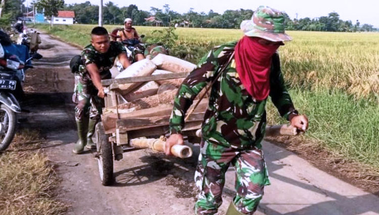 Rutinitas sejumlah anggota Satgas TMMD Reguler Pekalongan dalam langsir material pembangunan jalan Desa Pantirejo, Kecamatan Kesesi, Kabupaten Pekalongan, Jawa Tengah.