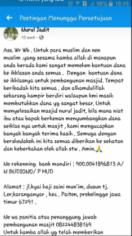 Hoaks Panitia Pembangunan Masjid Nurul Jadid Minta Sumbangan Melalui Facebook Times Indonesia