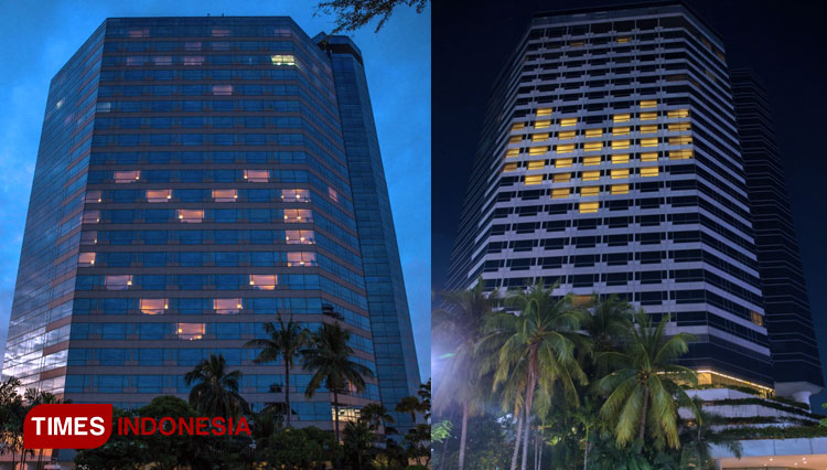 Several window on JW Marriott Hotel Surabaya turned on to form love symbol as the love message. (Photo : Document JW Marriot for Times Indonesia)