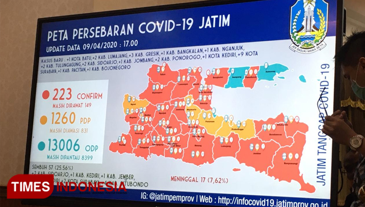 Data terbaru perkembangan Covid-19 di Jatim, Kamis (9/4/2020). (Foto: Candra Wijaya/TIMES Indonesia)