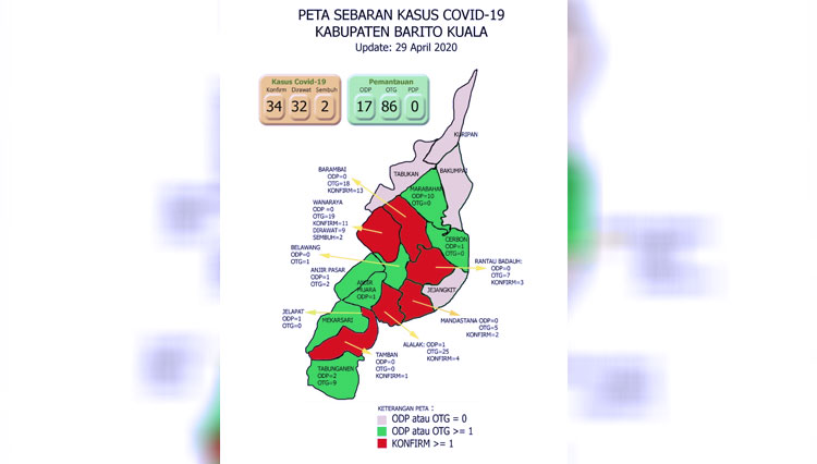 Peta sebaran pasien virus corona di Kabupaten Barito Kuala. Humpro Batola