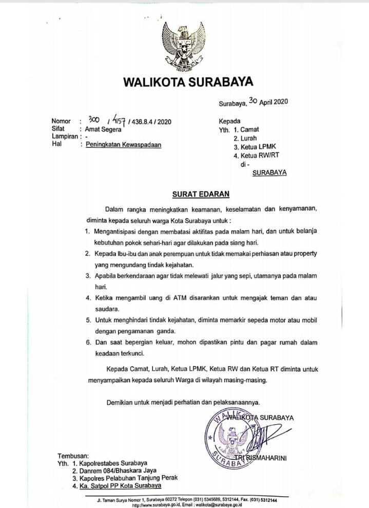 Wali Kota Surabaya Keluarkan Surat Edaran Peningkatan Kewaspadaan ...