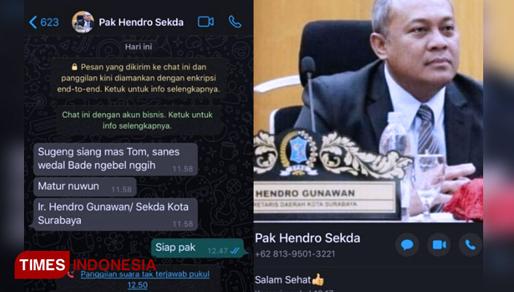 Tangkapan layar percakapan WhatsApp penipuan atas nama Sekda Pemkot Surabaya, Hendro Gunawan. (FOTO: Humas Pemkot Surabaya for TIMES Indonesia)