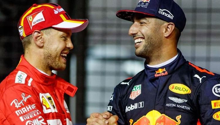Daniel Ricciardo (kanan) dan Sebastian Vettel (FOTO: Twitter/skysportf1)