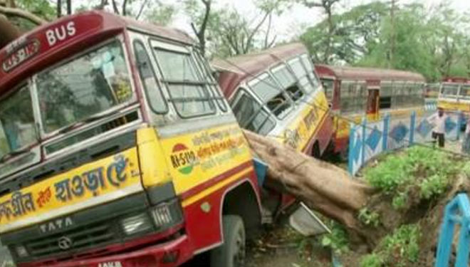 Badai Amphan di India dan Bangladesh menyebabkan kerusakan parah, dan sebuah bus pun terbelah setelah dihantam pohon yang tumbang. (Foto: Reuters)