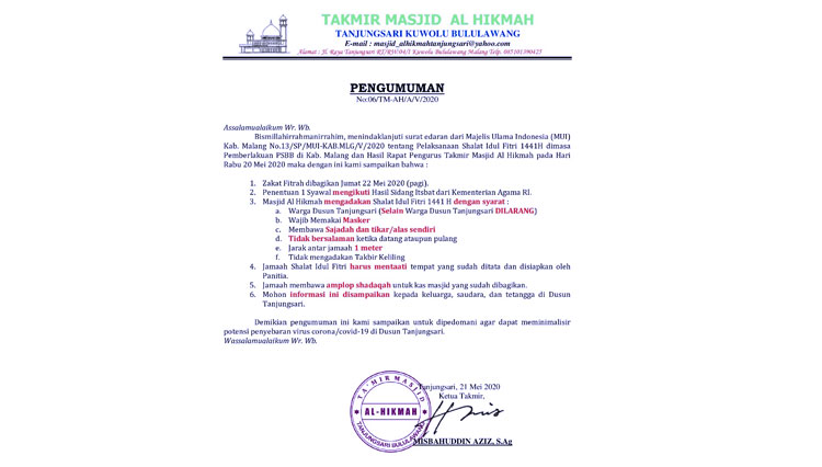Surat pemberitahuan Masjid Al Hikmah Bululawang yang tetap selenggarakan Shalat Idul Fitri di tengah pelaksanaan PSBB Malang Raya. (Foto: pesan aplikasi WhatsApp)
