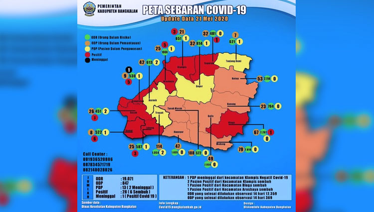 Peta sebaran Covid-19 Kabupaten Bangkalan. (FOTO: Humas Protokol Pemkab Bangkalan)