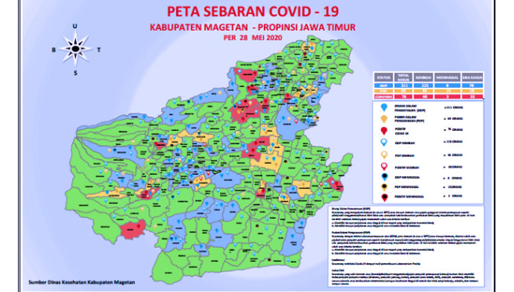 Peta penyebaran Covid-19 di Kabupaten Magetan per 28 Mei 2020. (FOTO: Gugus Tugas Covid-19 Magetan)