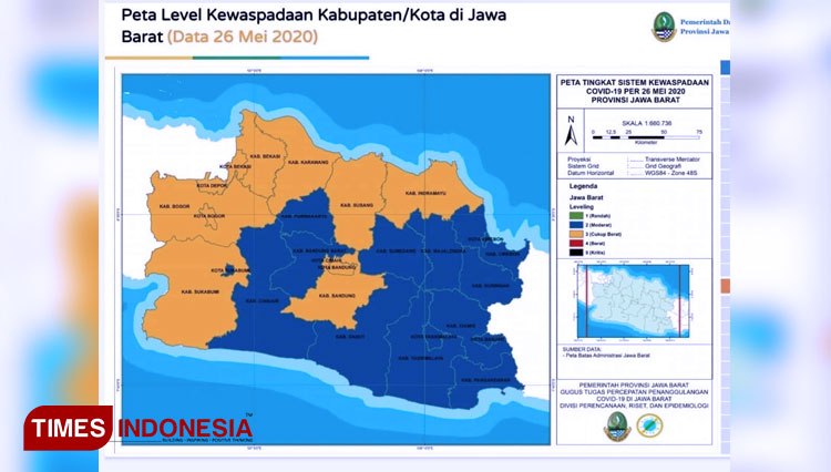 Peta sebaran level kewaspadaan covid-19 Kabupaten Indramayu. (FOTO: Diskominfo Indramayu for TIMES Indonesia)