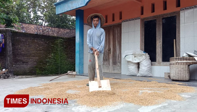 Suwardi, petani sekaligus pedagang tempe di halaman depan rumahnya. (Mukhtarul Hafidh/Times Indonesia)