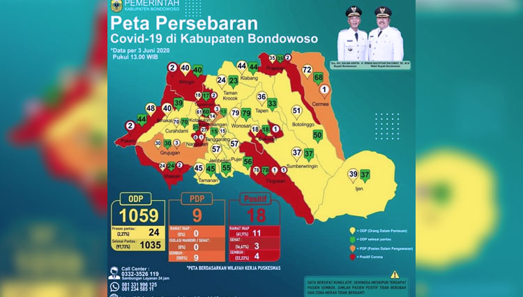 Peta penyebaran Covid-19 di Kabupaten Bondowoso Jawa Timur (FOTO: Dinkes for TIMES Indonesia)