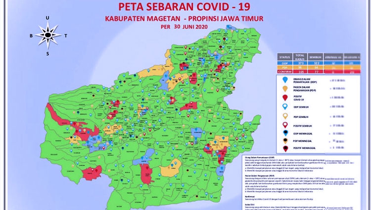 Peta penyebaran Covid-19 di Kabupaten Magetan per 30 Juni 2020. (FOTO: Gugus Tugas Covid-19 Magetan)