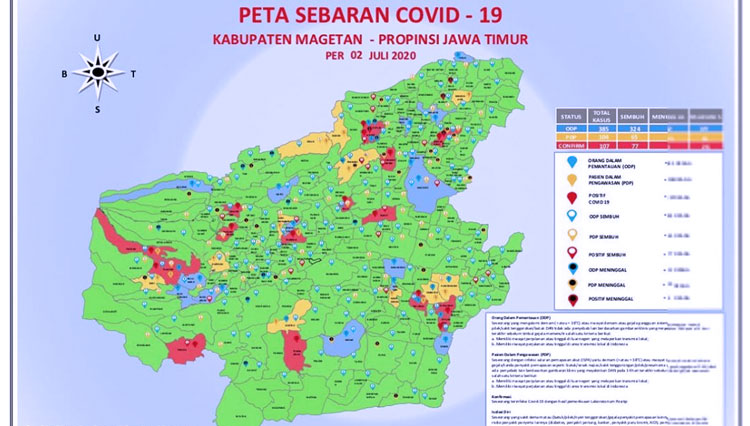 Peta penyebaran Covid-19 di Kabupaten Magetan per 2 Juli 2020. (Foto: Gugus Tugas Covid-19 Magetan)