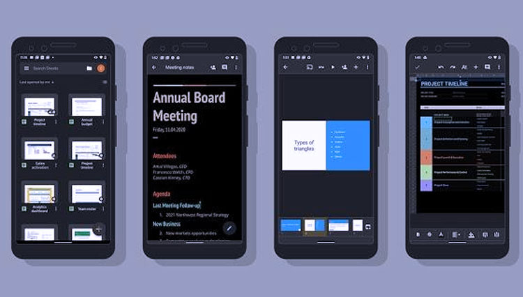Tampilan fitur dark mode untuk aplikasi berbasis cloud, Docs, Sheets, dan Slide. (foto: Google)