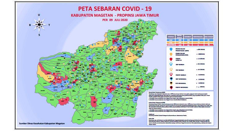 Peta penyebaran Covid-19 di Kabupaten Magetan per 9 Juli 2020. (Foto: Gugus Tugas Covid-19 Magetan)