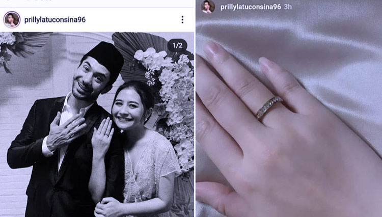 Postingan dan status story instagram Prilly Latuconsina yang memamerkan cincin bersama Reza Rahardian. (Foto: Instagram/@prillylatuconsina96)