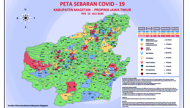 Peta penyebaran Covid-19 di Kabupaten Magetan per 15 Juli 2020. (Foto: Gugus Tugas Percepatan Penanganan Covid-19 Magetan)