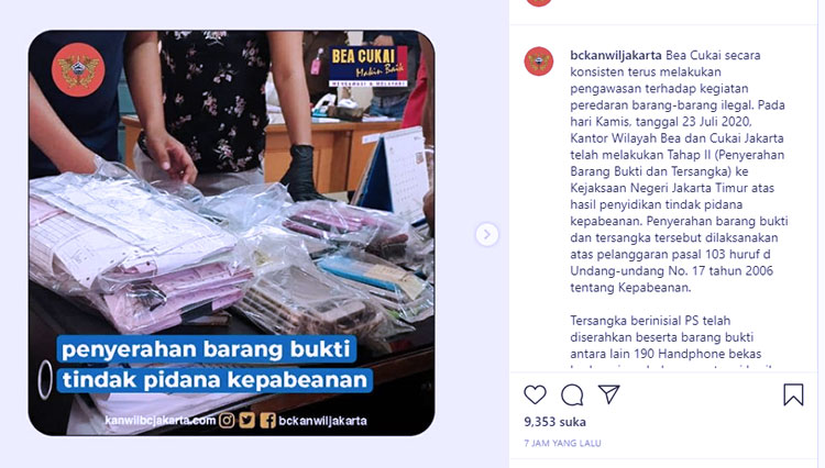 Penyerahan barang bukti tindak pidana kepabeanan (FOTO: Instagram/bckanwiljakarta)