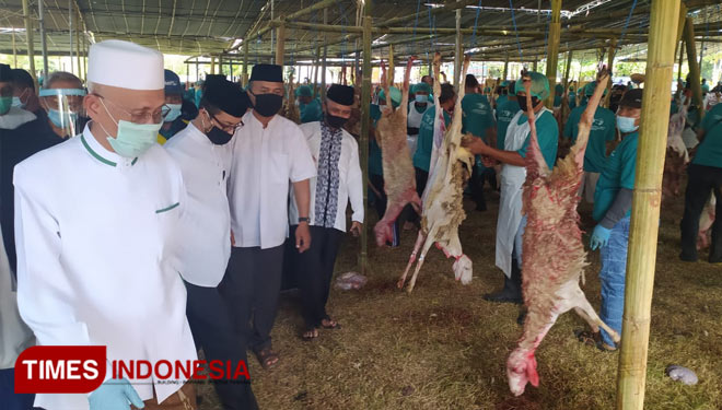 Suasana pemotongan sebanyak 1.666 hewan kurban di Ponpes Al Islah Kabupaten Bondowoso (FOTO: Moh Bahri/TIMES Indonesia).