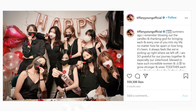 Kedelapan anggota SNSD baru saja merayakan ulang tahun Tiffany, sekaligus merayakan 13 tahun debut sebagai SNSD. (tiffanyyoungofficial/instagram)