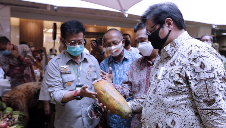 Mentan RI Syahrul Yasin Limpo bersama Menko Perekonomian Airlangga Hartarto sat hadiri Launching Gelar Buah Nusantara (GBN) ke 5 di, Senin. (FOTO: Kementan RI for TIMES Indonesia)