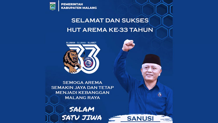 Ucapan selamat HUT 33 Arema dari Bupati Malang HM Sanusi. (Foto: Instagram Pemkab Malang)
