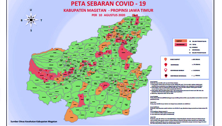 Peta penyebaran Covid-19 di Kabupaten Magetan per 10 Agustus 2020. (Foto: Satgas Covid-19 Magetan)