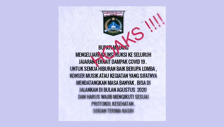 Instruksi Bupati Malang terkait dibolehkannya kegiatan Agustusan adalah hoaks. (Foto : WhatsApp Grup)