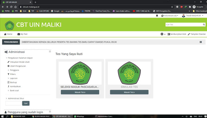 Proses seleksi penerimaan mahasiswa baru Pascasarjana UIN Malang berlangsung daring. (Foto: Tangkapan layar)