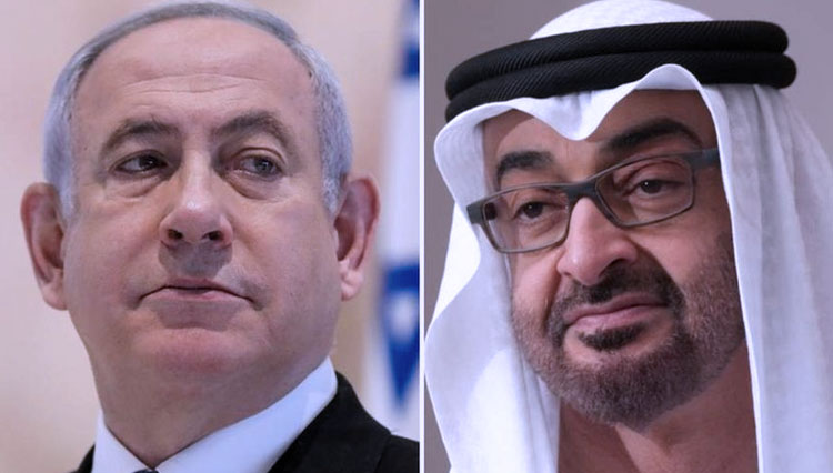 Benjamin Netanyahu dan Pangeran Mohammed Al Nahyan menjadi perantara perjanjian dengan bantuan AS. (FOTO: BBC/ Reuters/Getty Image)
