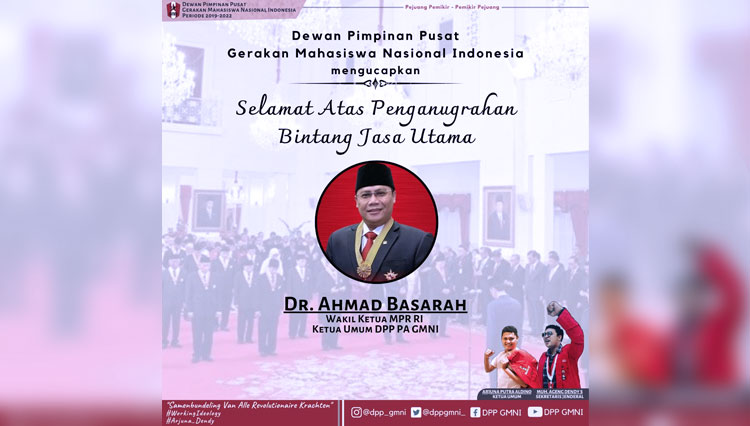 Ucapan selamat dari DPP GMNI kepada Dr Ahmad Basarah yang menerima Bintang Jasa Utama dari Presiden RI Joko Widodo. (Foto: DPP GMNI)