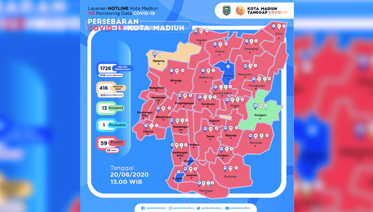 Data persebaran Covid-19 Kota Madiun hingga 20 Agustus 2020. (Grafis: Diskominfo Kota Madiun)