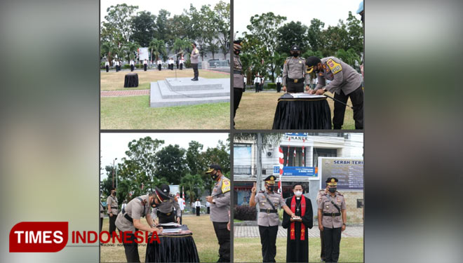 Kapolres Bitung AKBP.F.X.Winardi Prabowo SIK Memimpin Upacara Serah Jabatan Petinggi Polres Bitung. Di Halaman Mako Polres Bitung.Sabtu (22/08/2020).Foto : Herry Dumais/TIMES Indonesia.