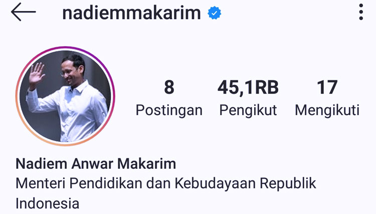 Instagram resmi Mendikbud RI Nadiem Makarim. (FOTO: Tangkapan layar)