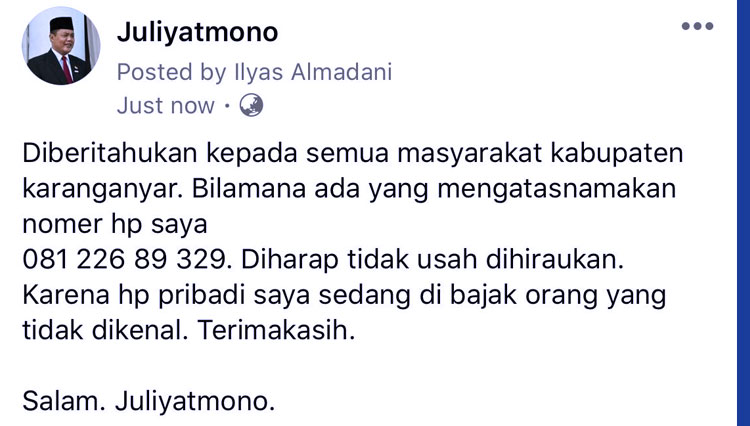 Nomor Hp Bupati Karanganyar Dibajak Dipakai Minta Uang Jutaan Rupiah