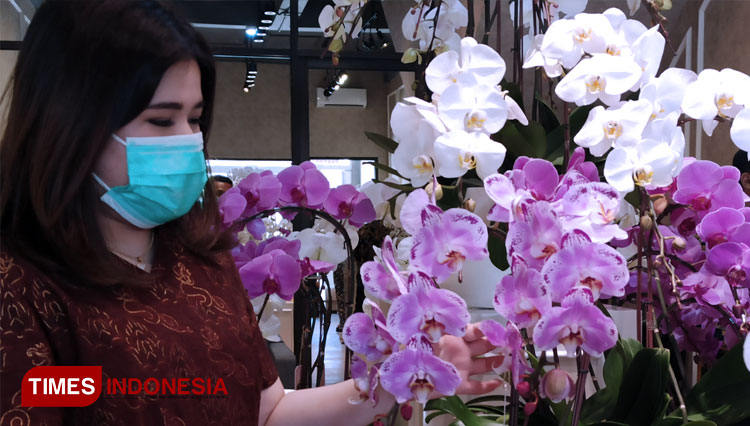 Owner Von Florist Yvonne Mustika Sutanto menunjukkan salah satu jenis anggrek premium paling diminati pecinta bunga hias, Sabtu (19/9/2020). (FOTO: Lely Yuana/TIMES Indonesia) 