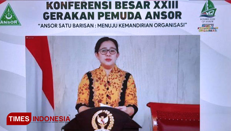 Ketua DPR RI Puan Maharani hadir secara daring dalam Konbes XXIII GP Ansor di Minahasa, Sulut, Sabtu (19/9/2020) siang. (FOTO: Imam Kusnin/TIMES Indonesia)