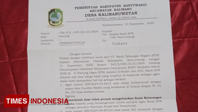 Surat Pemerintah Desa Kalibaru Wetan kepada pihak Bank BTN Banyuwangi, terkait dugaan pemalsuan data dalam perekrutan Agen Batara pemegang mesin EDC. (Foto: Dokumentasi TIMES Indonesia)