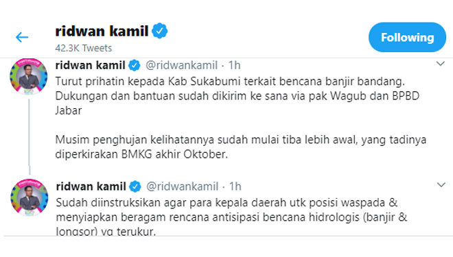 Gubernur Jabar Ridwan Kamil prihatin atas musibah banjir bandang Kabupaten Sukabumi. (FOTO: Capture @ridwankamil for TIMES Indonesia)