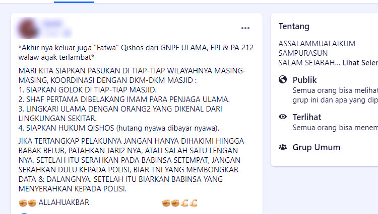 Informasi Fatwa Qhisos GNPF Ulama, FPI dan PA 212 yang diunggah akun Facebook Sandi. (Foto: Tangkapan Layar TIMES Indonesia)
