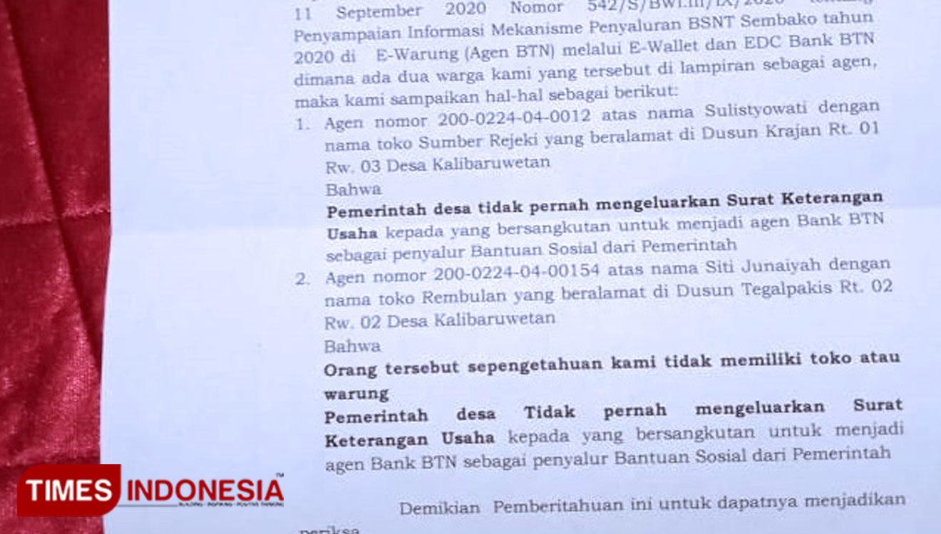 Surat Resmi Pemerintah Desa Kalibaru Wetan, Kecamatan Kalibaru, ditujukan kepada pimpinan Bank BTN Banyuwangi, yang menyatakan bahwa Pemerintah Desa tidak pernah menerbitkan Surat Izin Usaha pada Agen Batara BPNT Bank BTN. (Foto: Syamsul Arifin/TIMES Indo