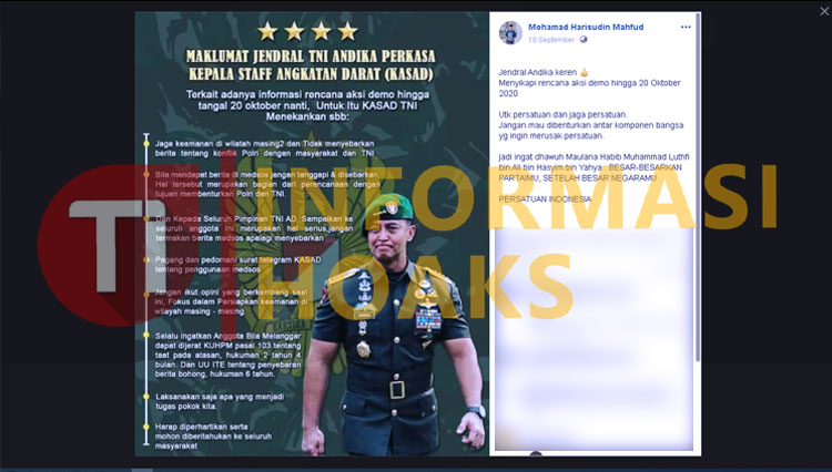 Informasi yang beredar tentang maklumat KSAD TNI Andika Perkasa terkait demo 20 Oktober. (Foto: Tangkapan Layar TIMES Indonesia)
