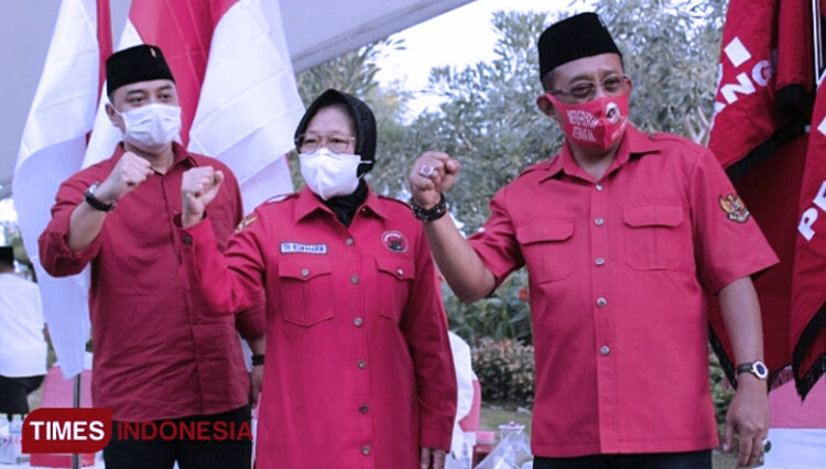 Tri Rismaharini (Risma) bersama Eri Cahyadi dan Armudji di Pilkada Serentak 2020. (FOTO: Ammar Ramzi/TIMES Indonesia)