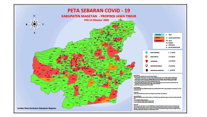 Peta penyebaran Covid-19 di Kabupaten Magetan per 14 Oktober 2020 malam. (Foto: Satgas Penanganan Covid-19 Magetan)